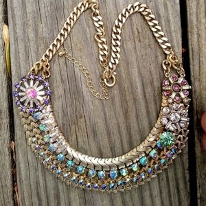 Wide gold necklace AB rhinestones floral elements
